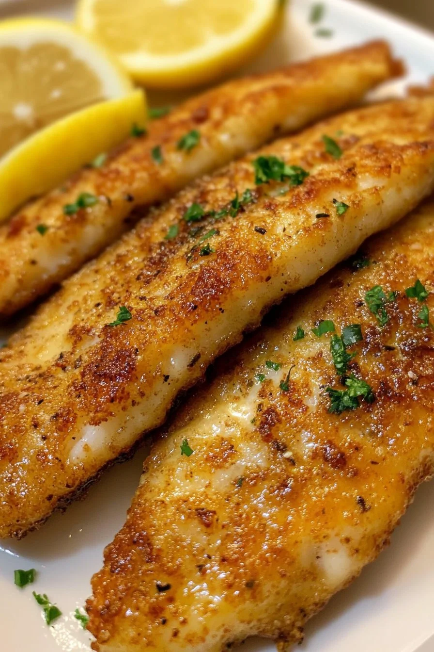 Pescado frito en sartén con salsa de limón y mantequilla