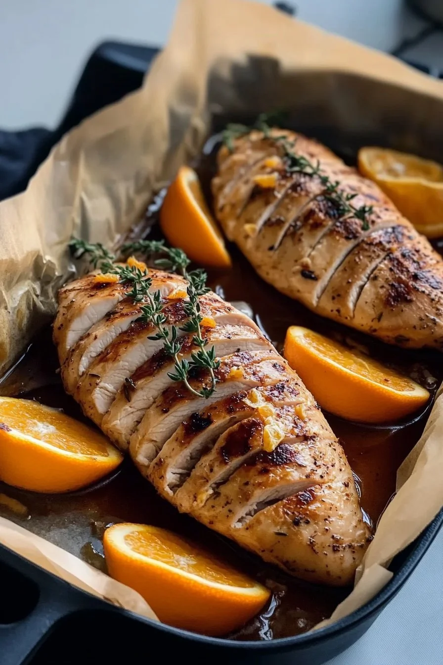 Mejor receta de pechuga de pollo jugosa con naranja y tomillo.