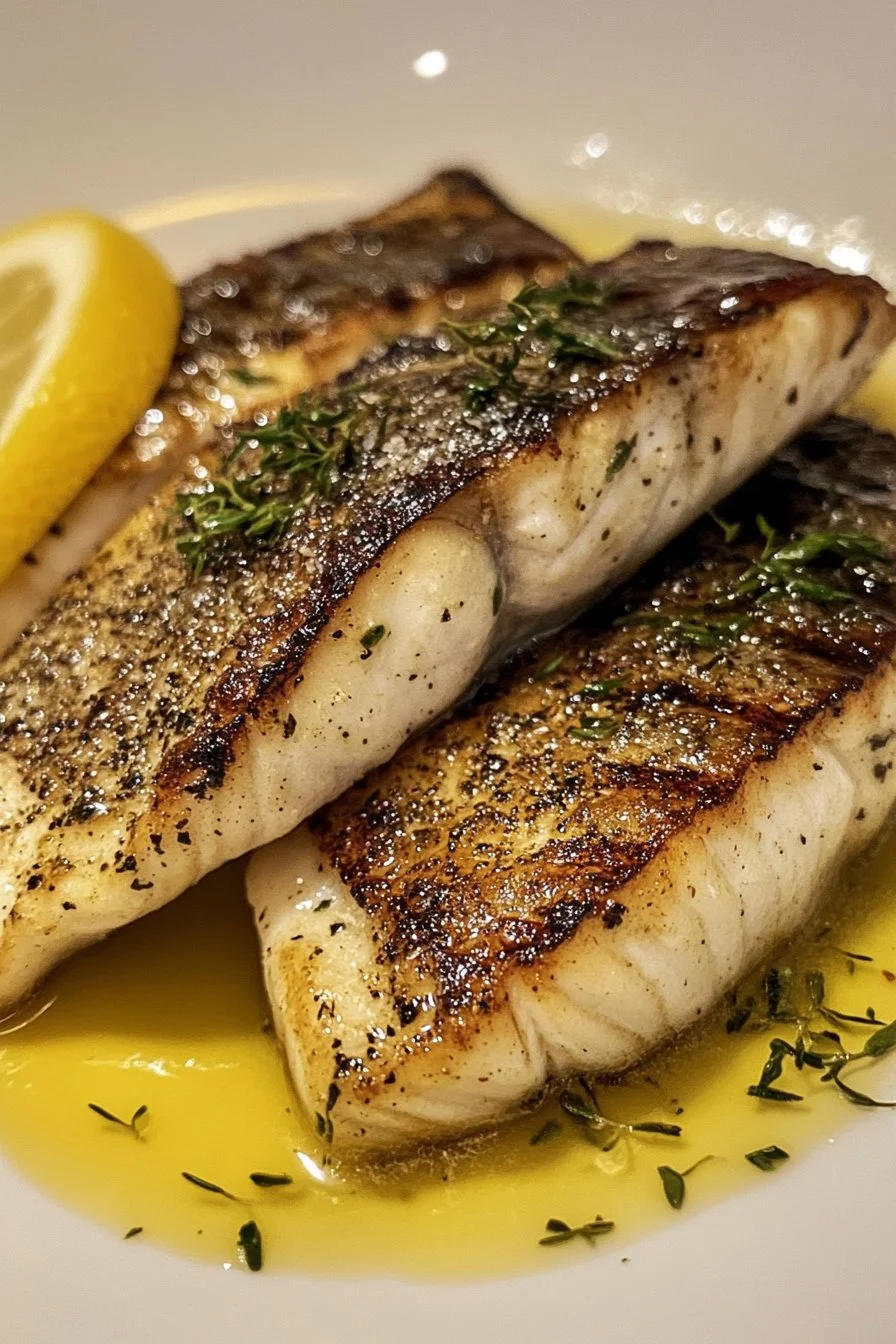 Barramundi a la parrilla con salsa de mantequilla de mirto de limón