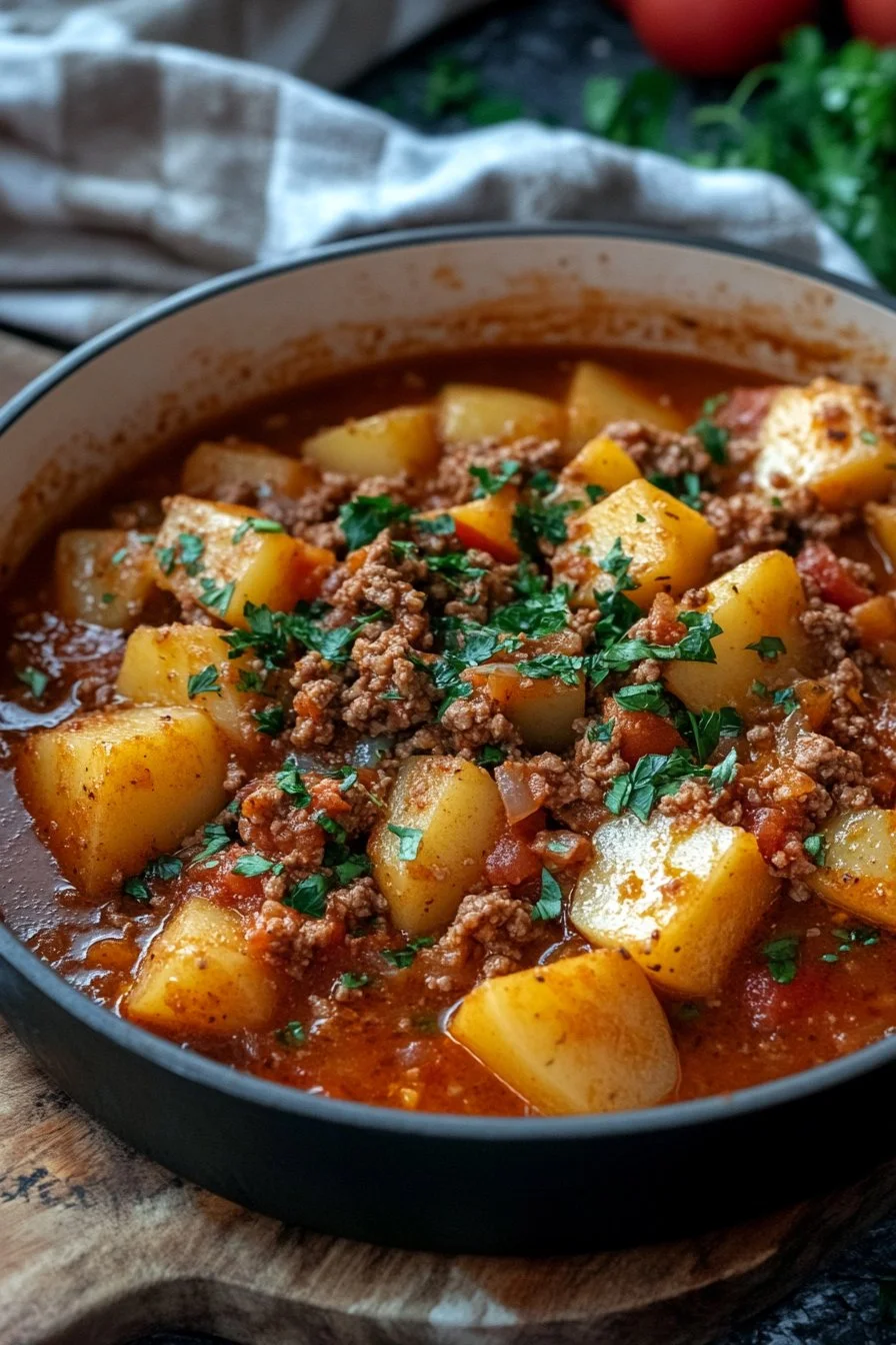 Patatas con carne molida en salsa de tomate