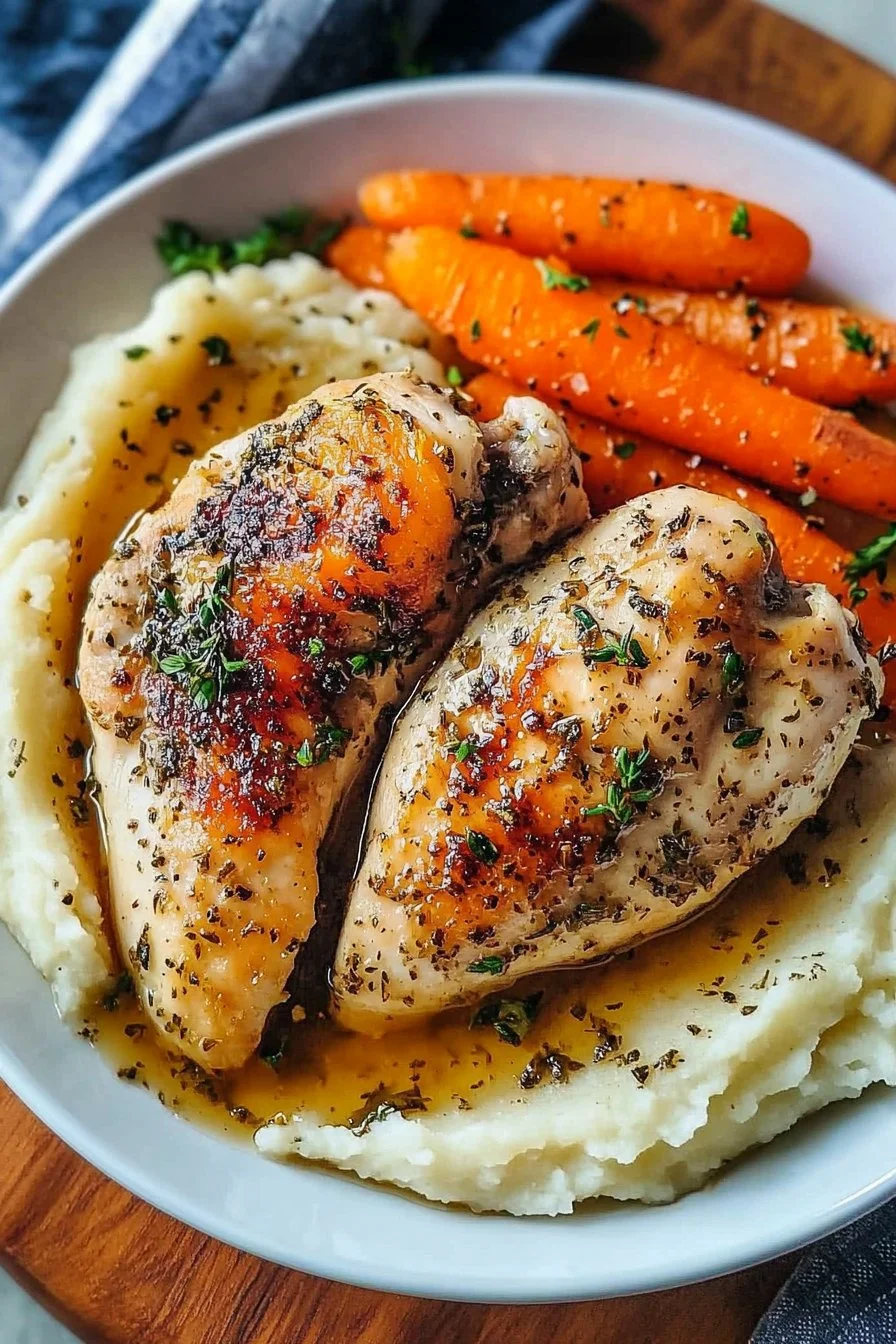 Pollo a la hierbas con zanahorias asadas y puré de patatas cremoso
