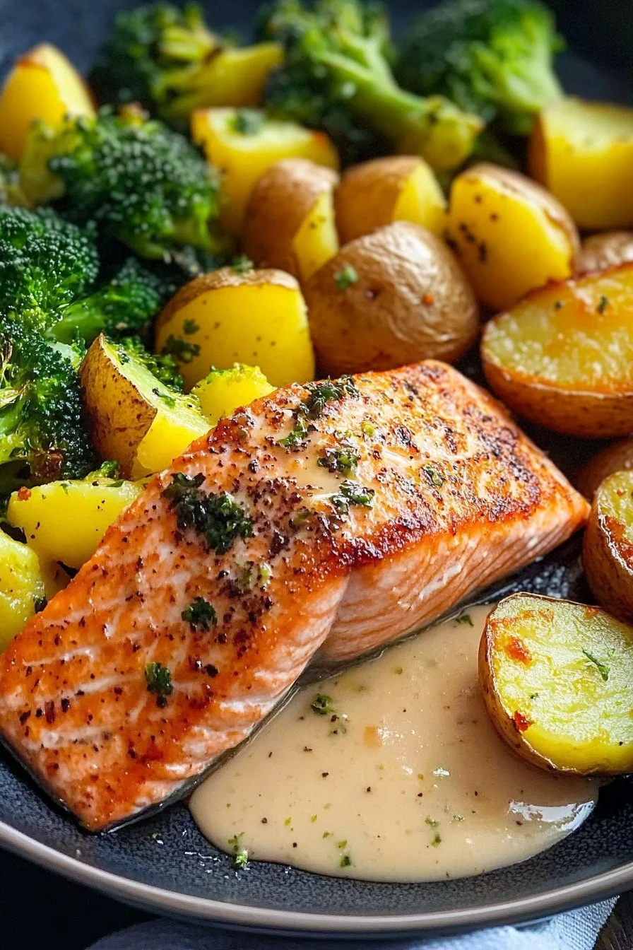 Salmón al horno con papas crujientes y brócoli