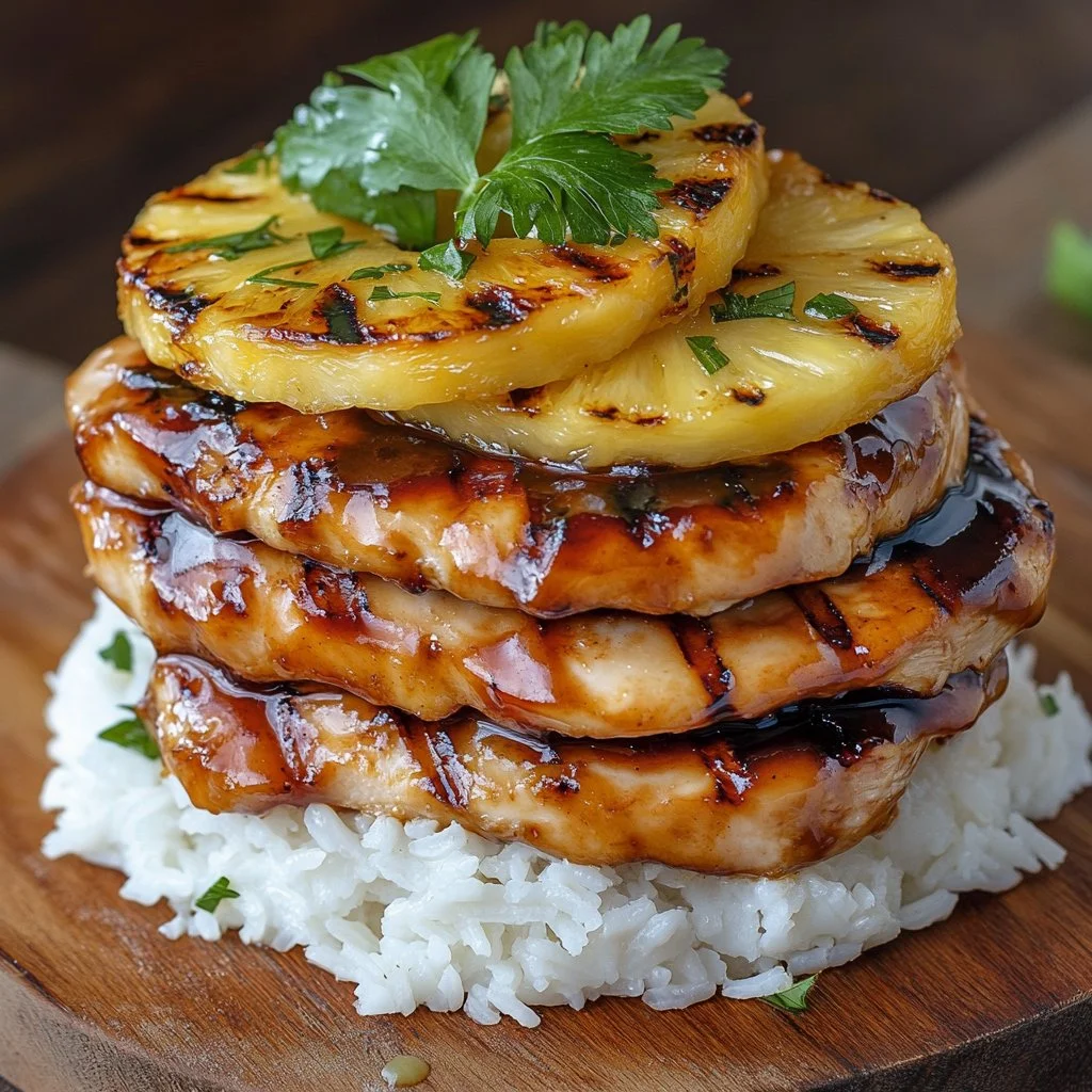 Plato de pollo huli huli con salsa típica hawaiana en presentación apilada