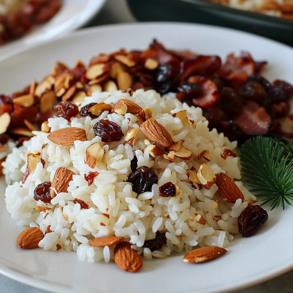 Arroz Festivo Con Almendras Tostadas Pasas Dulces y Tocino Crujiente