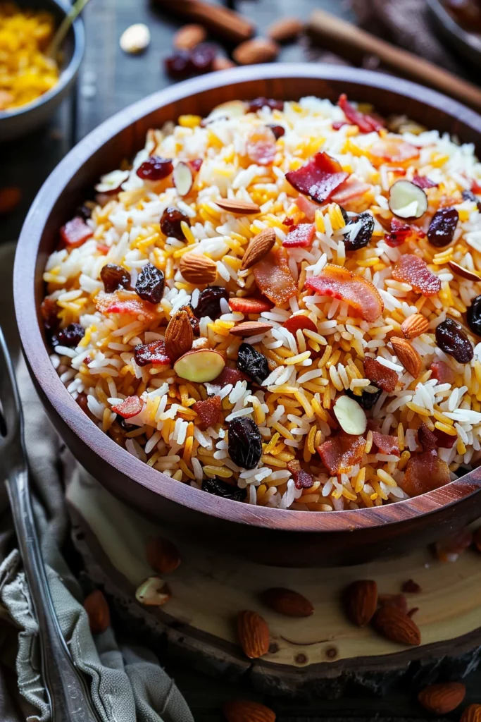 Arroz Navideño Con Pasas Dulces Almendras y Tocino Crujiente - ¡Exquisito Festín Navideño!