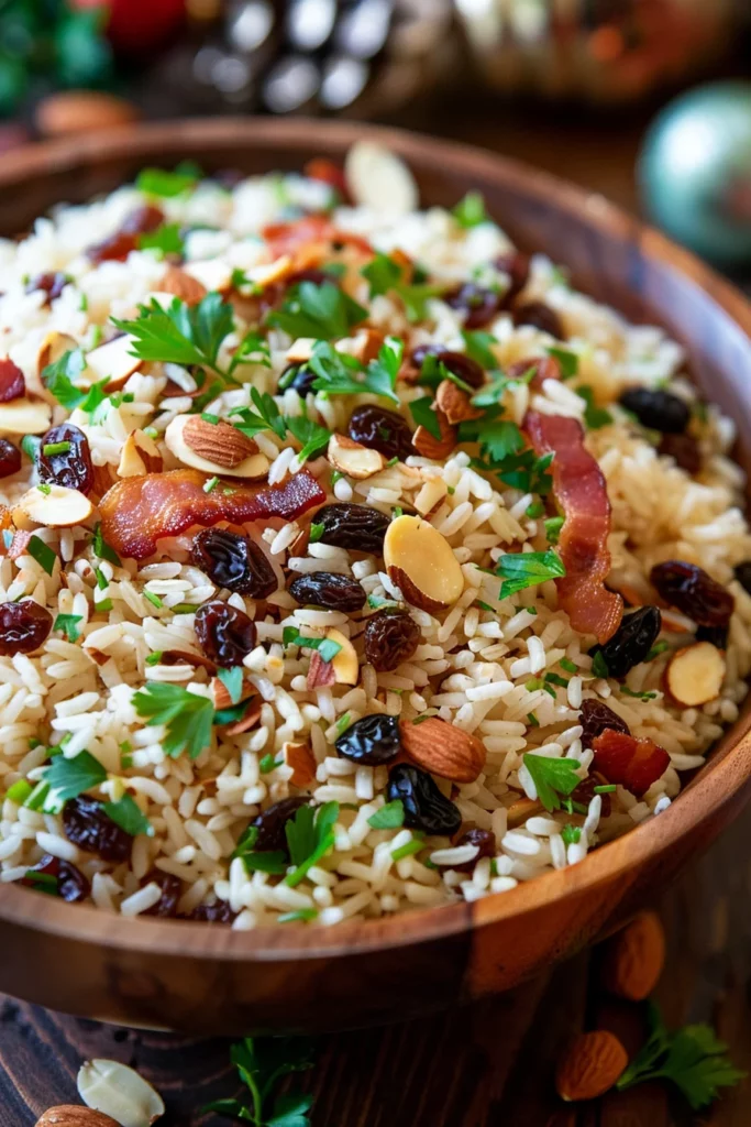 Arroz Navideño Con Pasas Dulces Almendras y Tocino Crujiente - ¡Exquisito Festín Navideño!