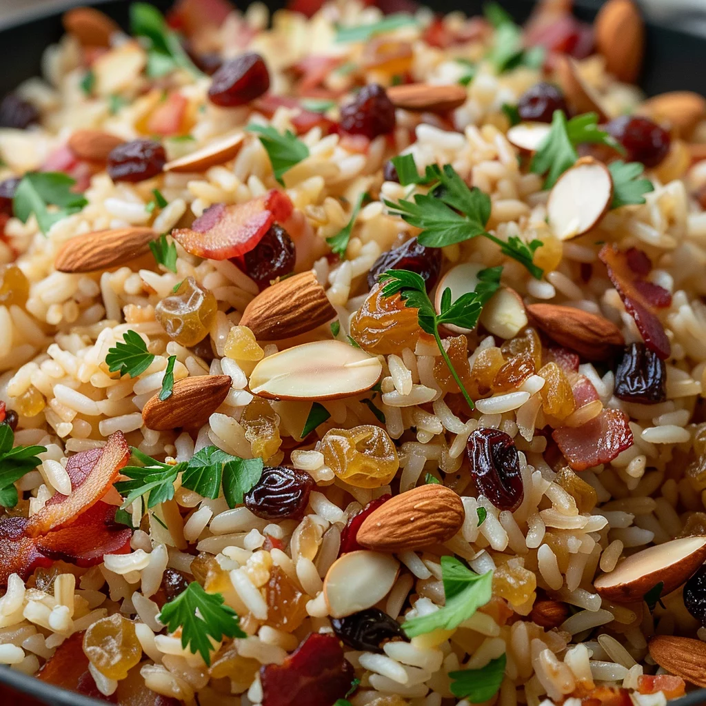 Arroz Navideño Con Pasas Dulces Almendras y Tocino Crujiente
