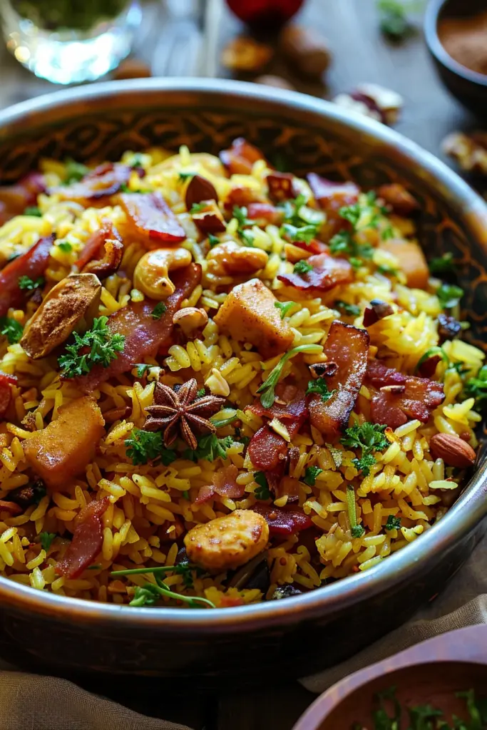 Arroz Navideño Especiado Con Tocino Caramelizado y Frutos Secos Dulces - ¡Exquisita Explosión de Sabores!