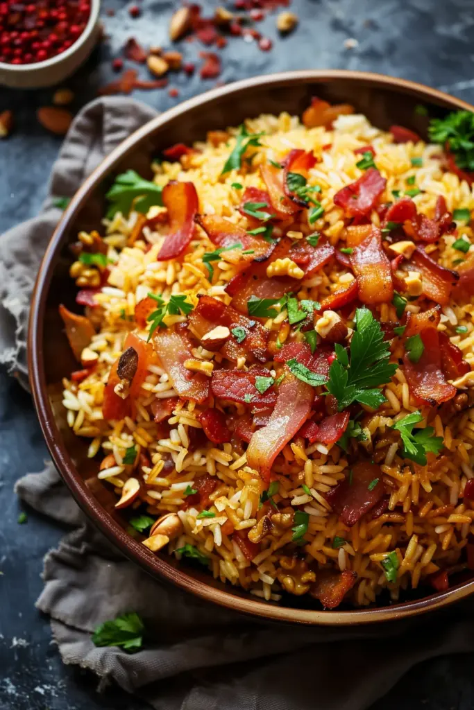 Arroz Navideño Especiado Con Tocino Caramelizado y Frutos Secos Dulces - ¡Exquisita Explosión de Sabores!