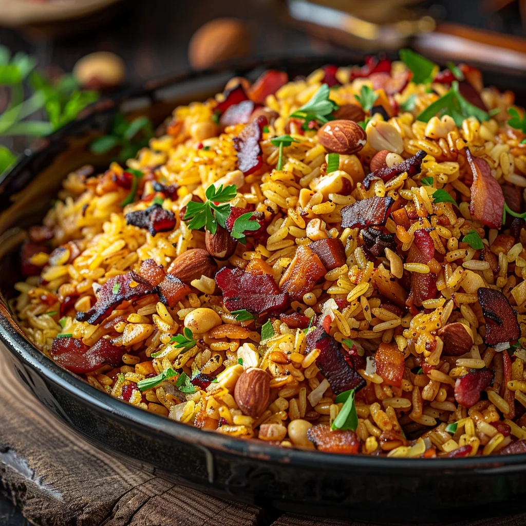 Arroz Navideño Especiado Con Tocino Caramelizado y Frutos Secos Dulces
