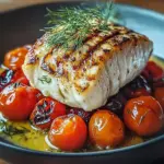 Bacalao a la parrilla con tomate asado y salsa cremosa de eneldo
