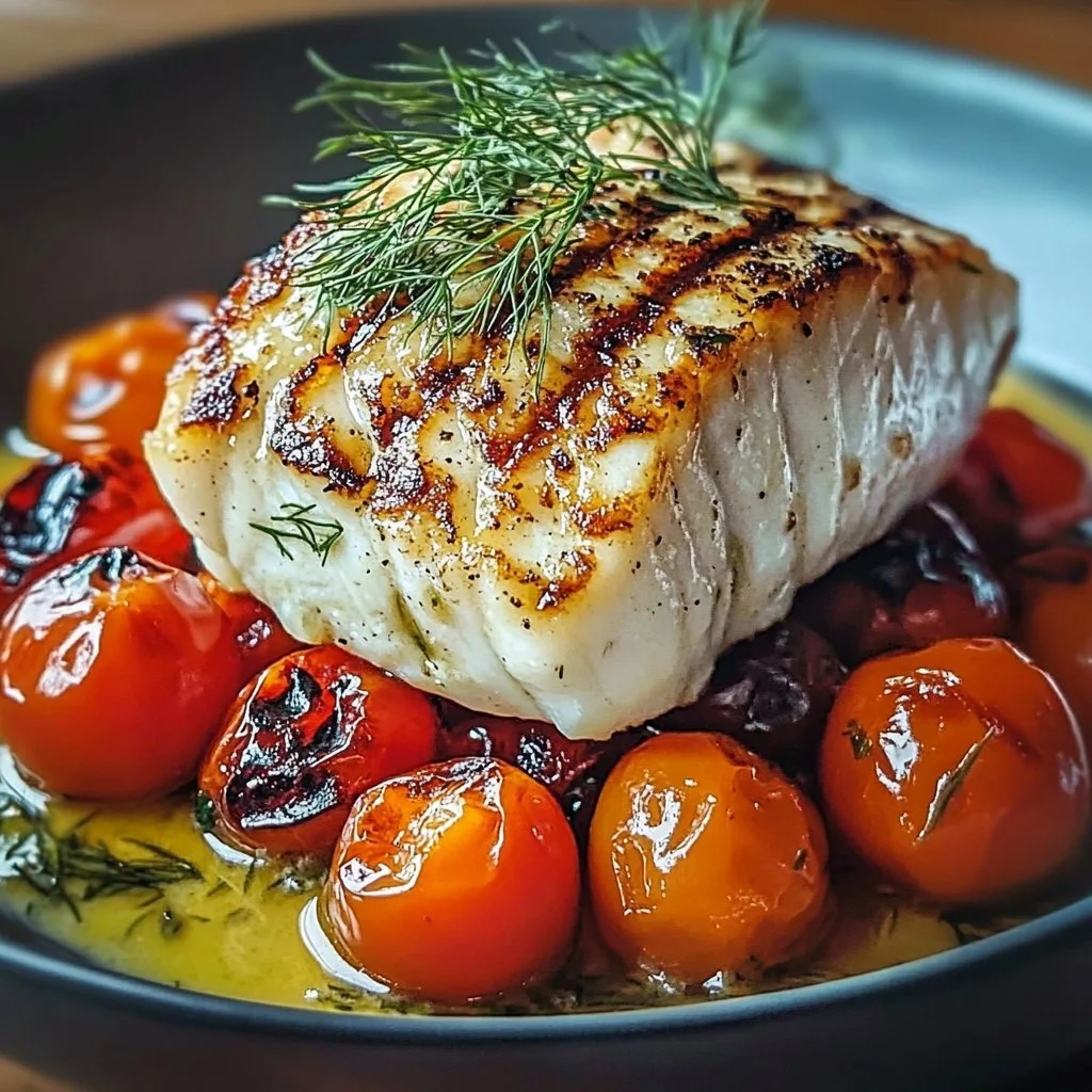 Bacalao a la parrilla con tomate asado y salsa cremosa de eneldo en un plato