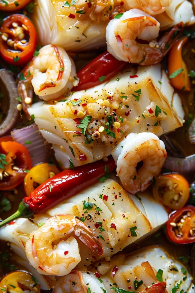 Bacalao Fresco con Gambas y Pimientos del Piquillo: Exquisito manjar del mar