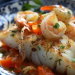 Bacalao Fresco con Gambas y Pimientos del Piquillo