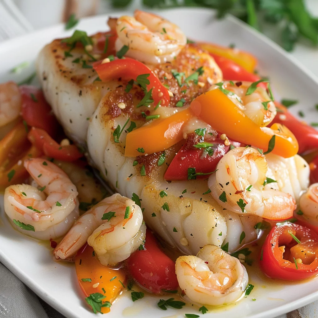 Bacalao Fresco con Gambas y Pimientos del Piquillo