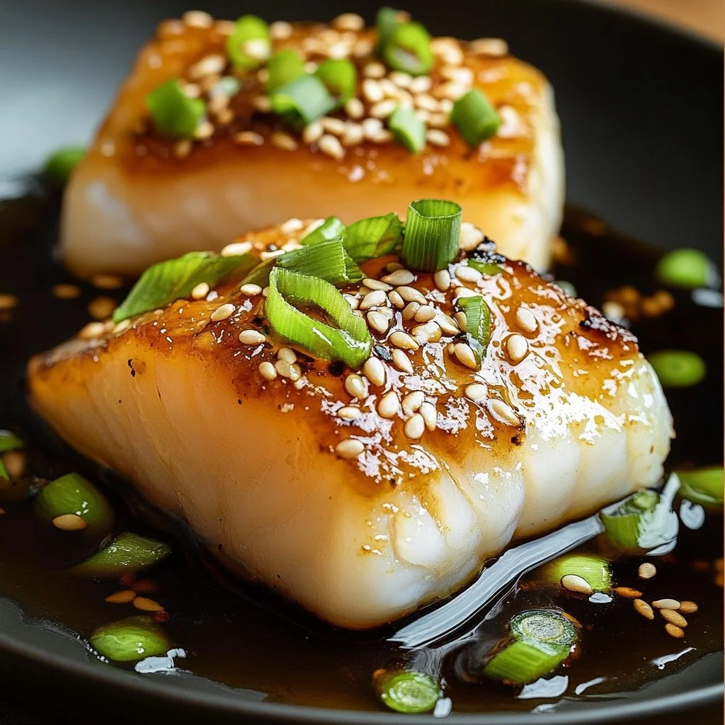 Bacalao glaseado con jengibre y salsa de soja en un plato elegante