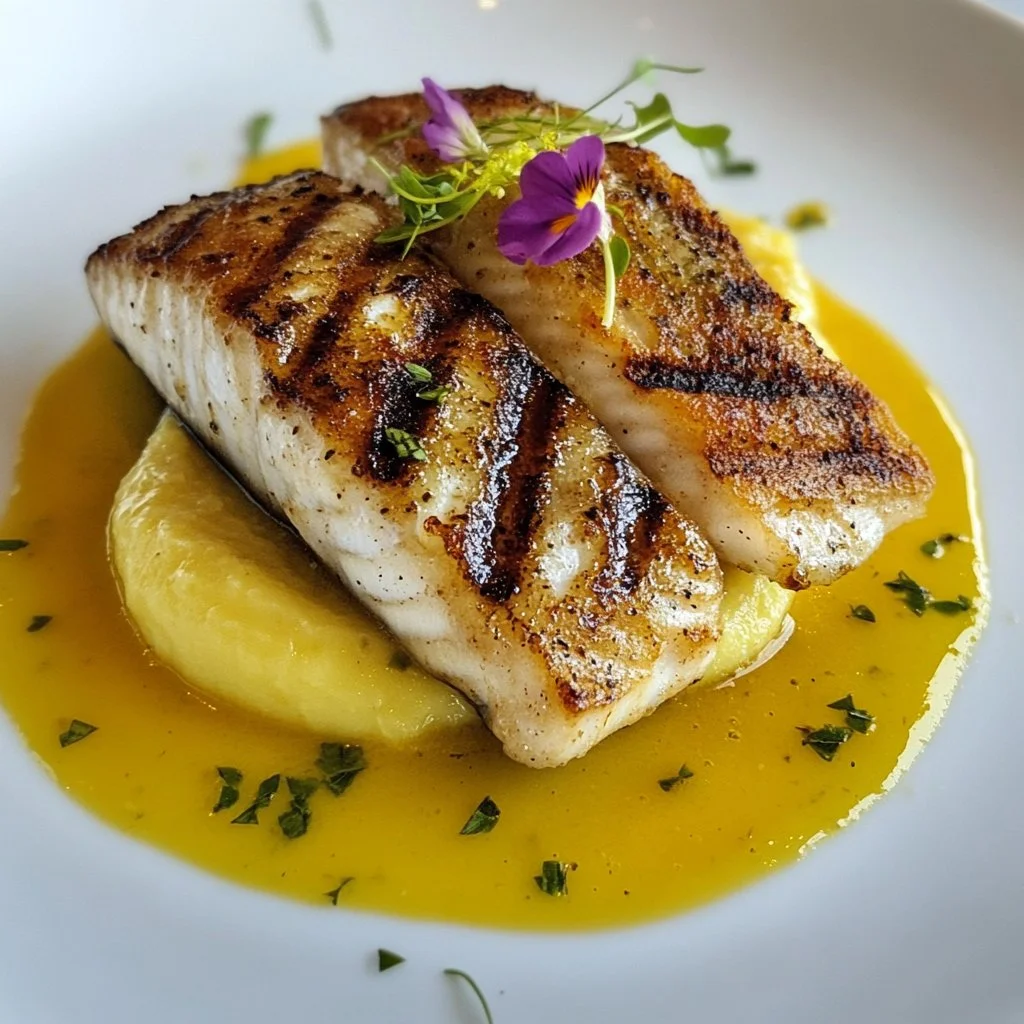 Barramundi a la parrilla con salsa de mantequilla de mirto de limón en un plato gourmet