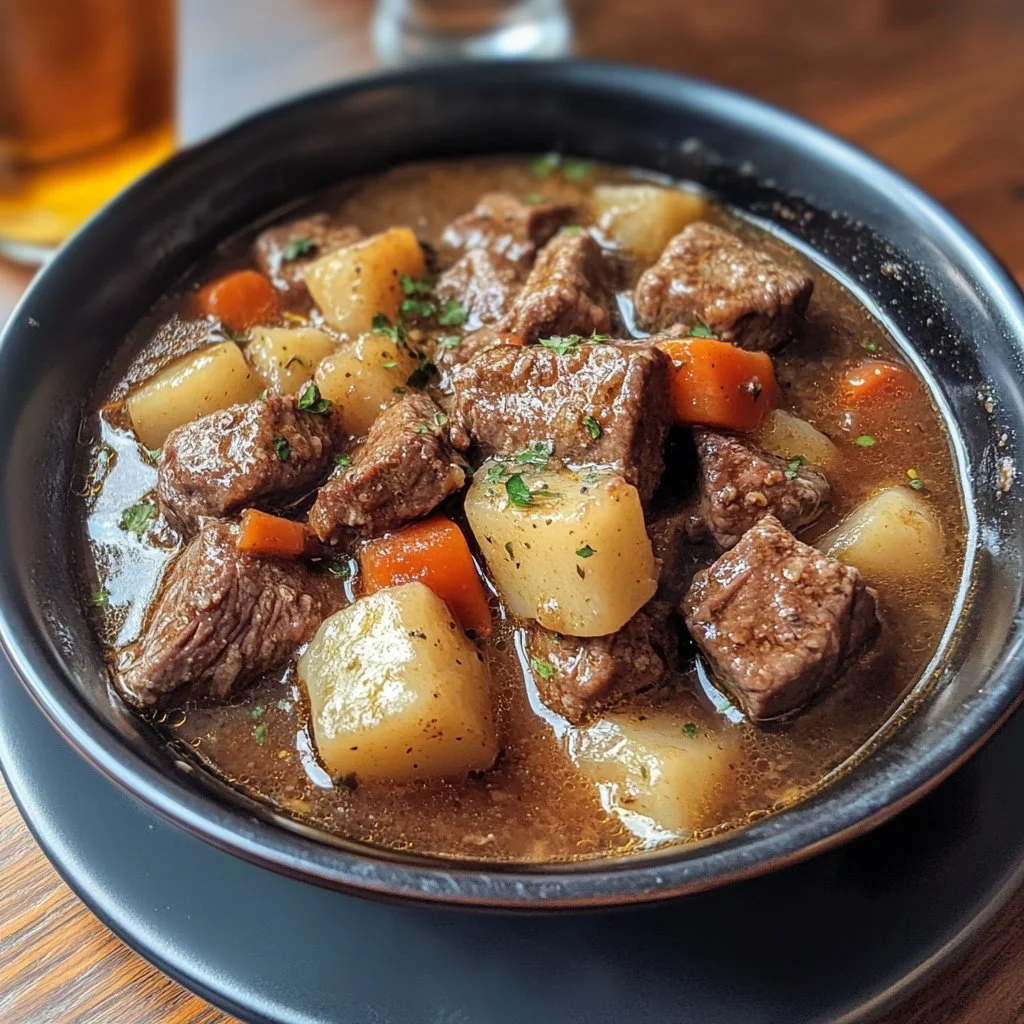 Guiso de ternera cocinado con cerveza en un tazón humeante.