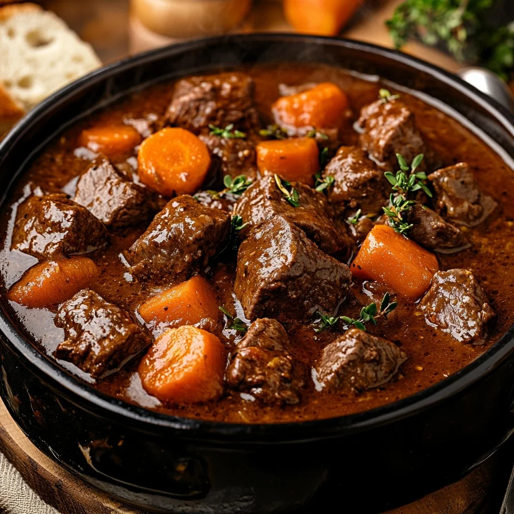Carne de ternera estofada con cerveza en un plato, receta exquisita