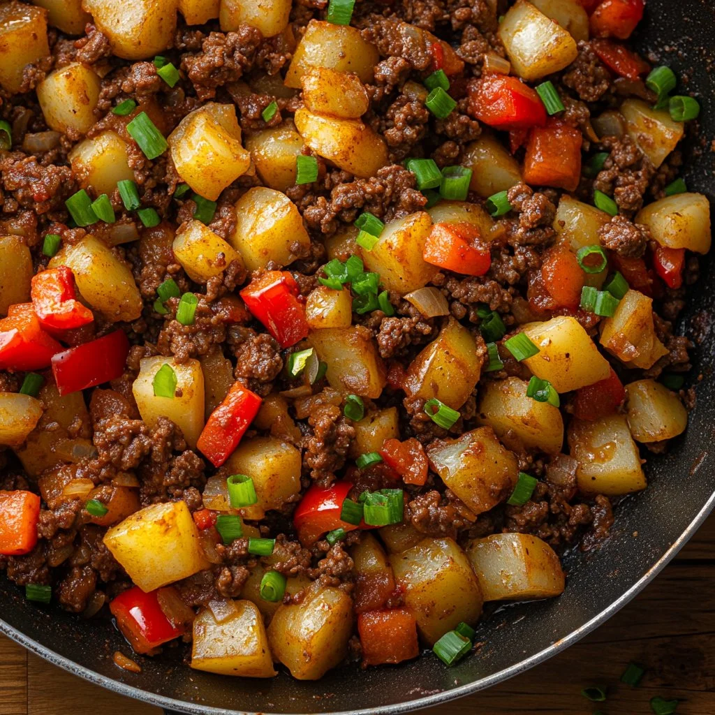 Plato de Carne y Papas Fáciles cocinadas con ingredientes frescos y especias.