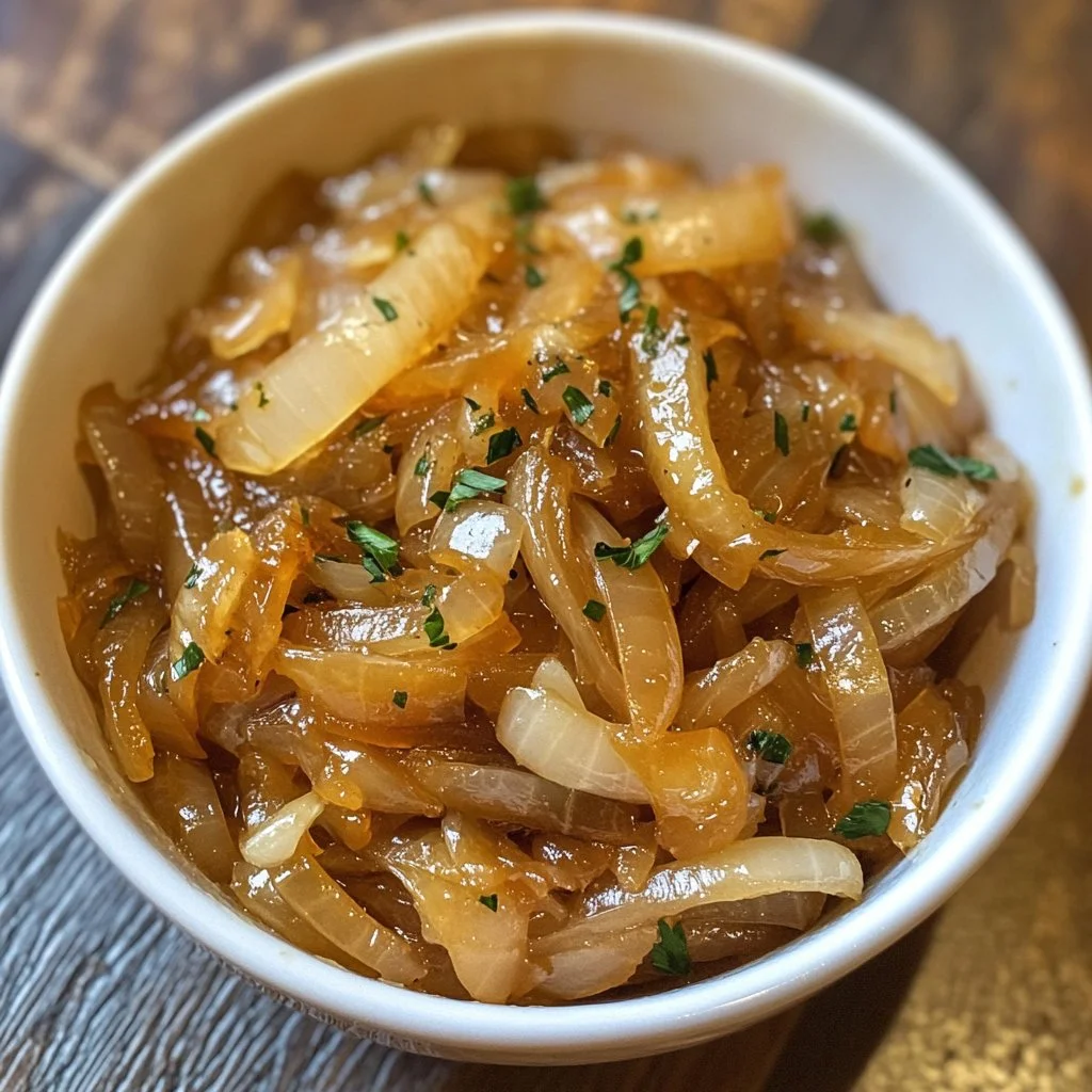 Cebolla caramelizada dorada y dulce en un plato