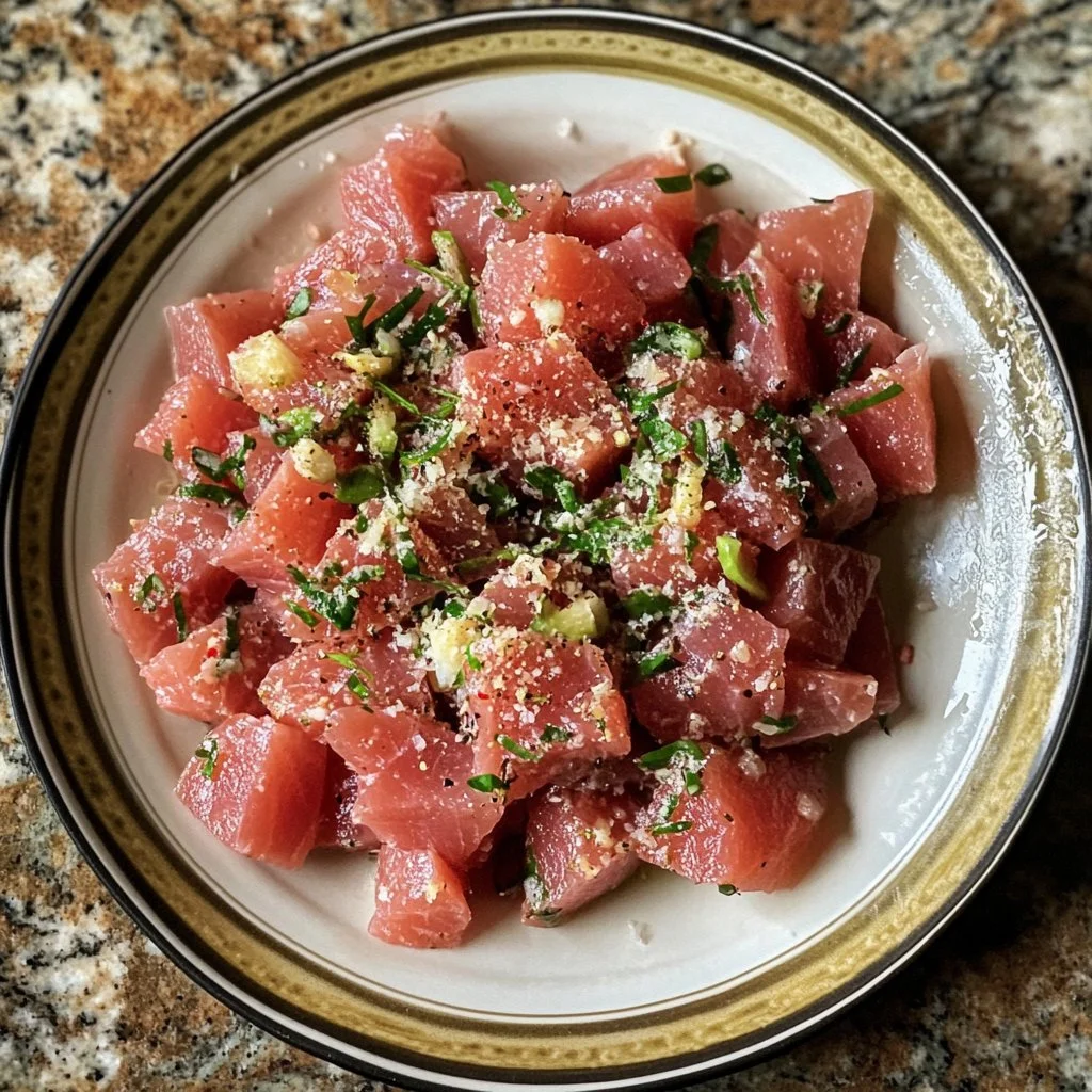 Crudo de atún estilo siciliano servido con ingredientes frescos y aromáticos