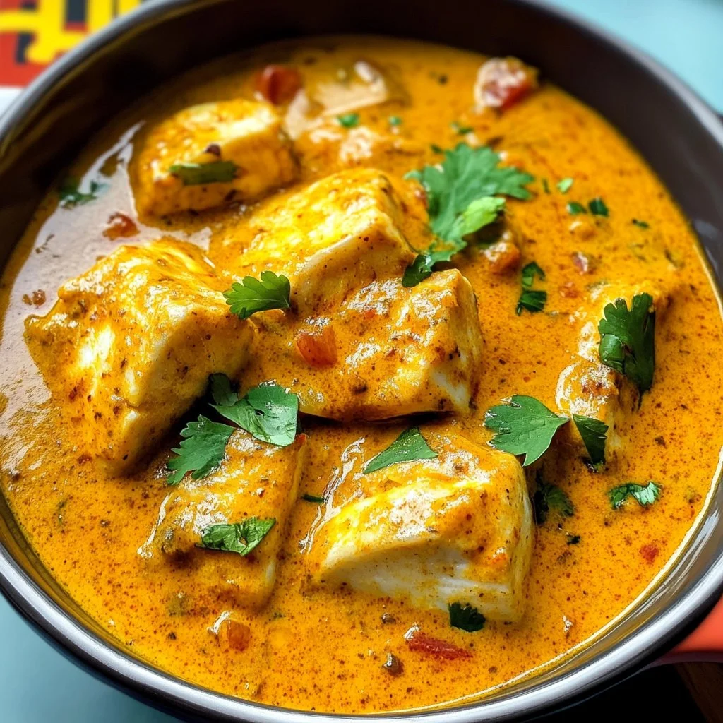 Curry de pescado con coco servido en un plato colorido y apetitoso.