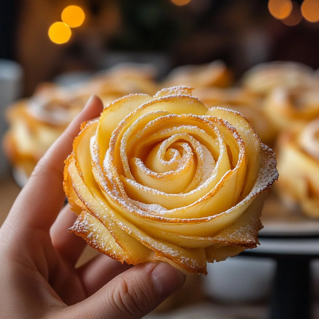 Rosas de manzana en masa de hojaldre decoradas y listas para servir