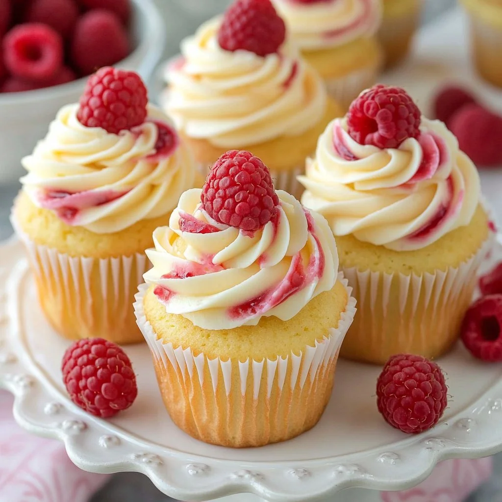 Cupcakes de remolino de frambuesa decorados con crema sabor frambuesa.