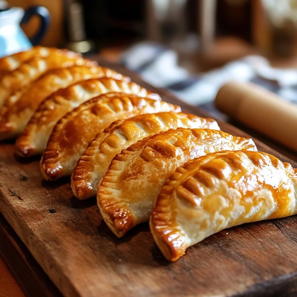 Empanadas de carne argentinas recién horneadas sobre una mesa de madera.