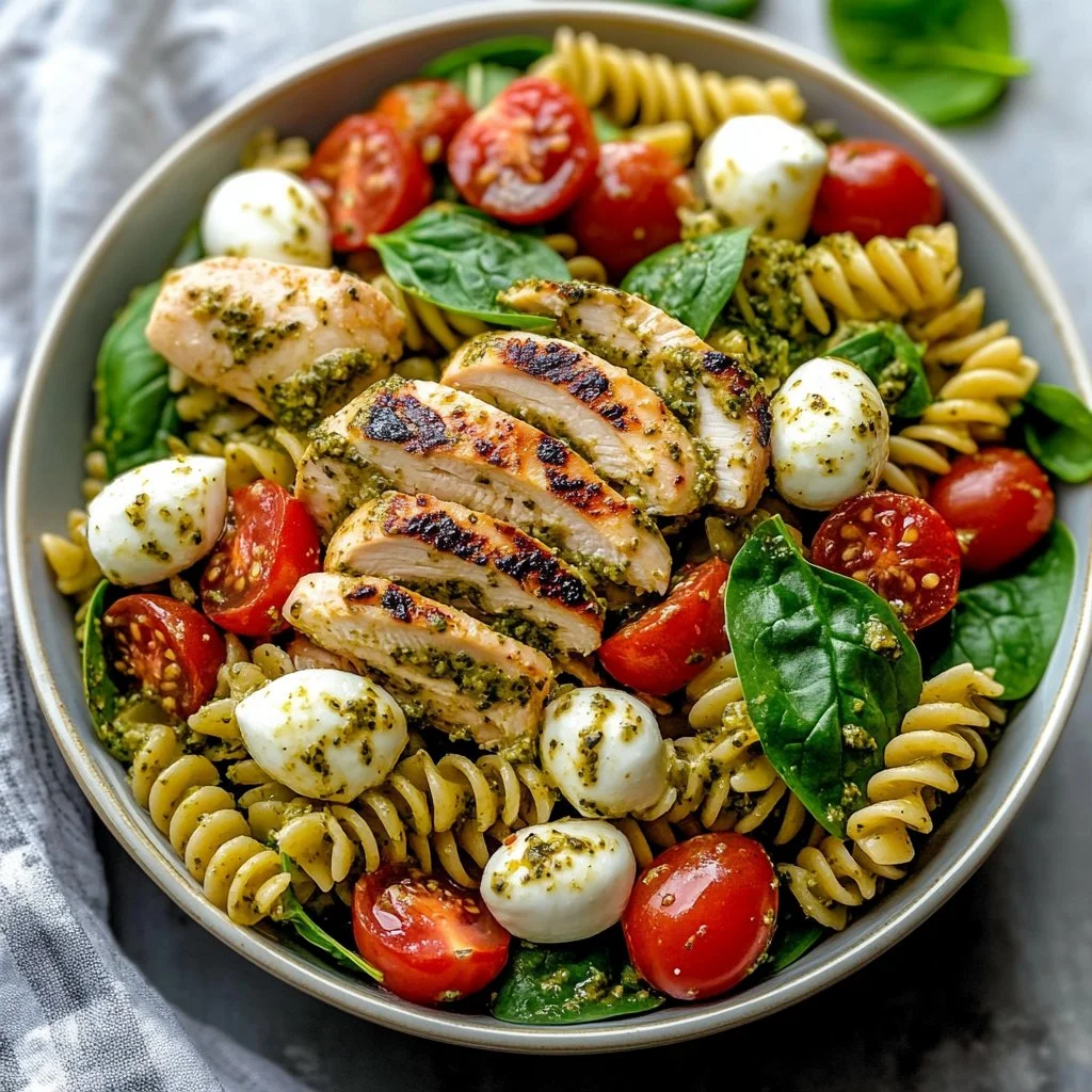 Ensalada de pasta con pollo y pesto en un plato colorido