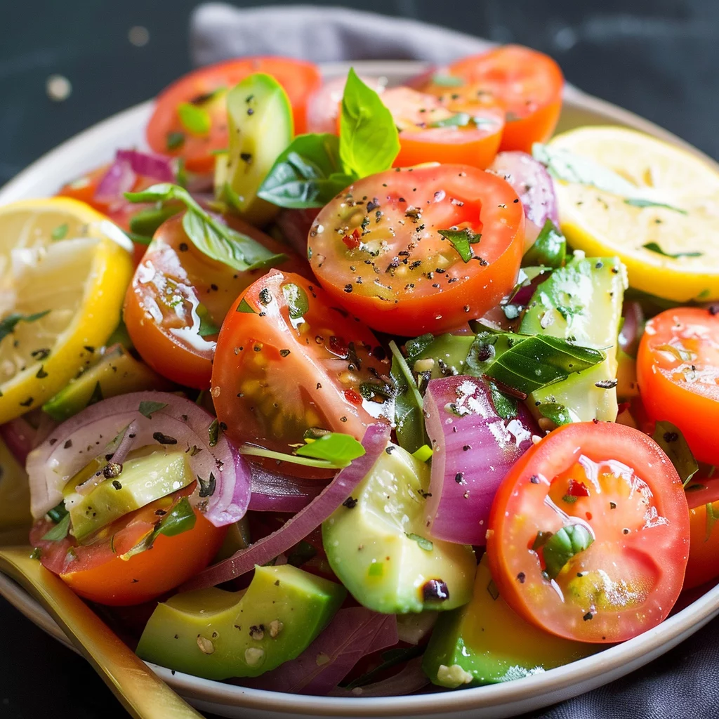 Ensalada de Tomate Aguacate y Cebolla Morada Con Limón