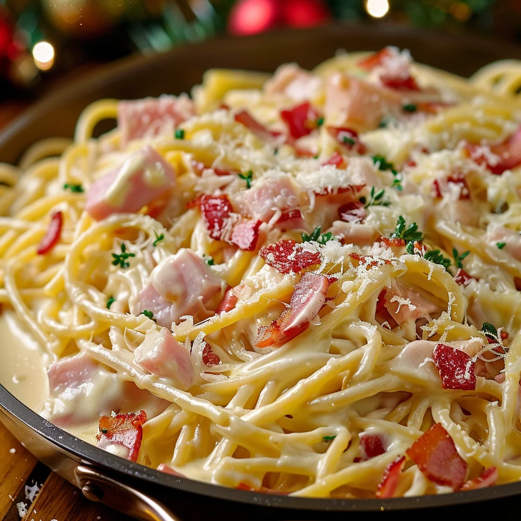 Espagueti Navideño Cremoso Con Tocino Jamón y Queso