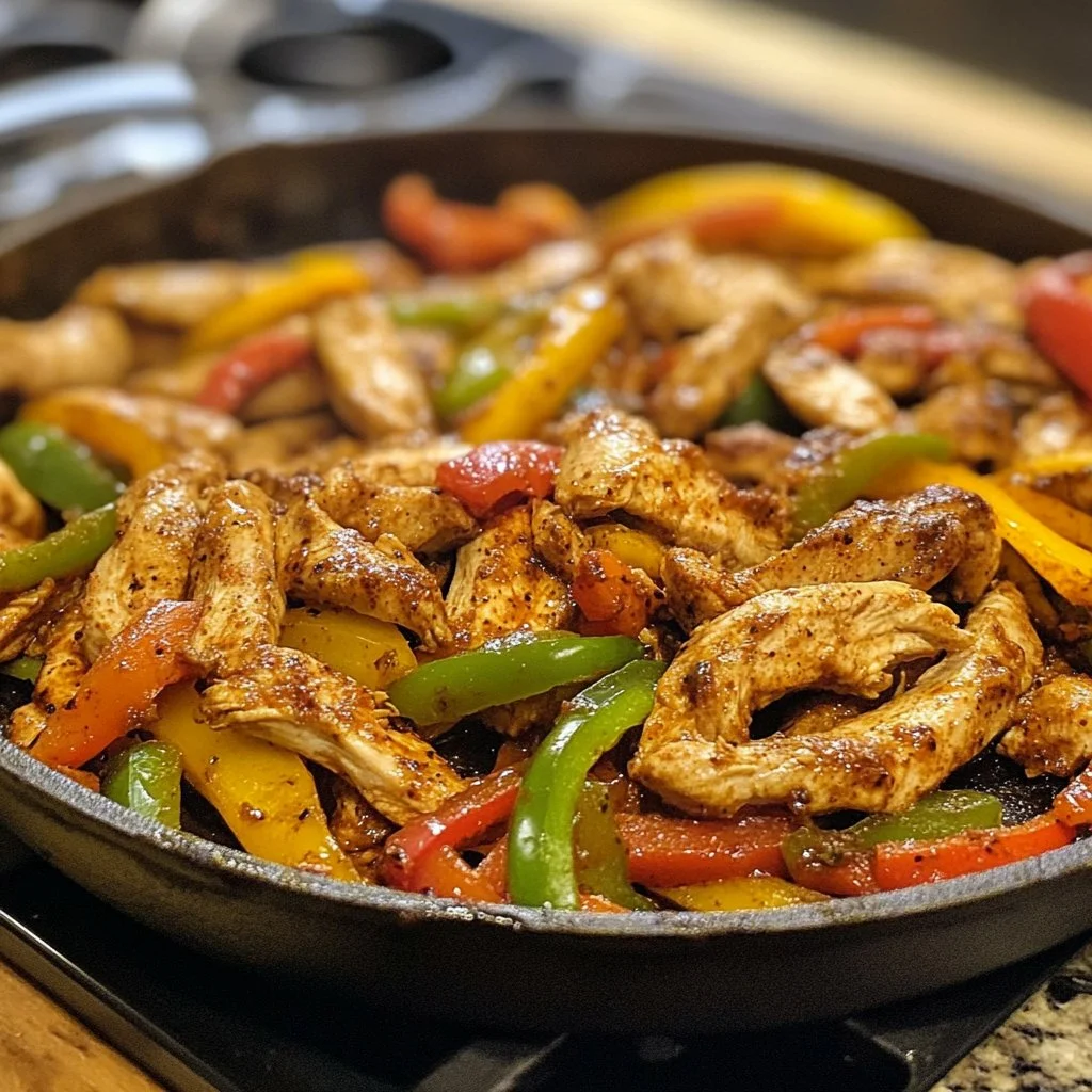 Fajitas de pollo recién hechas con pimientos y cebolla