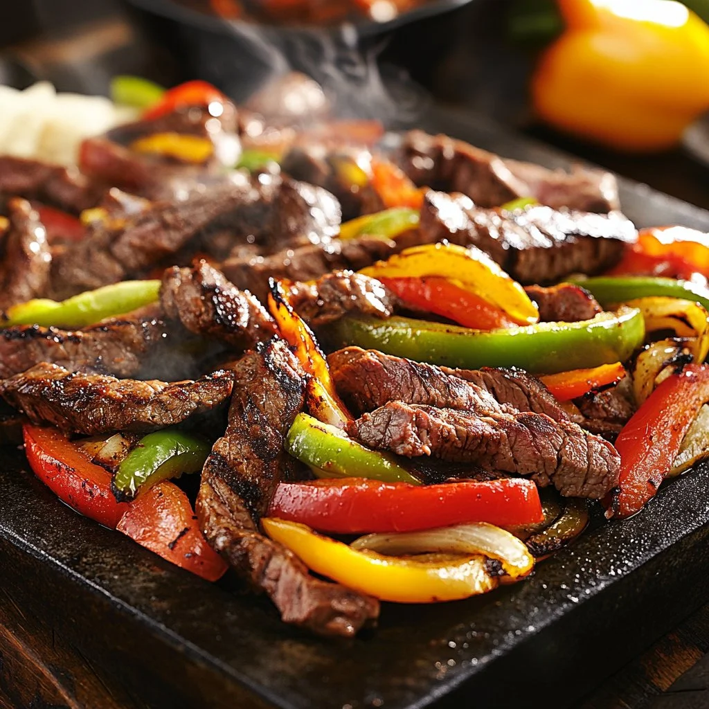 Fajitas de steak cocinadas en una plancha Blackstone.