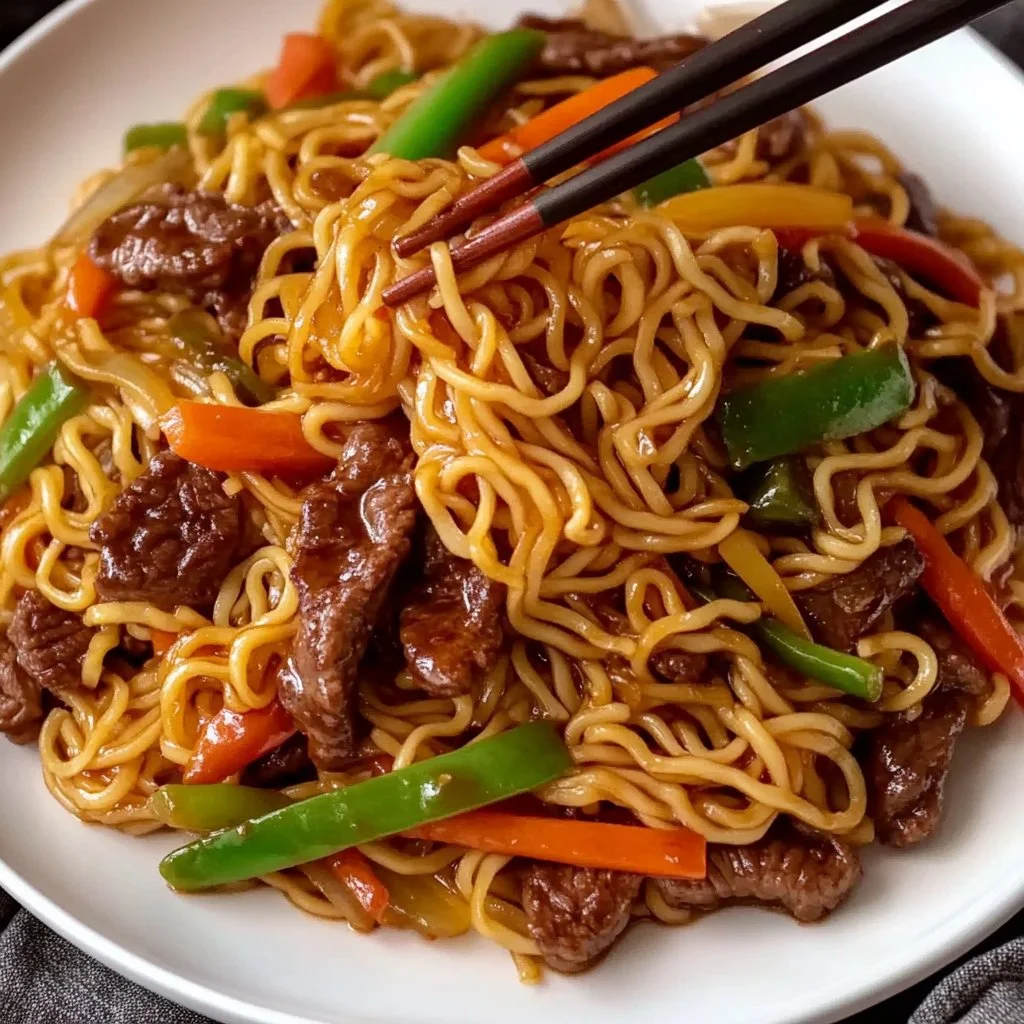 Plato de fideos con ingredientes frescos y coloridos