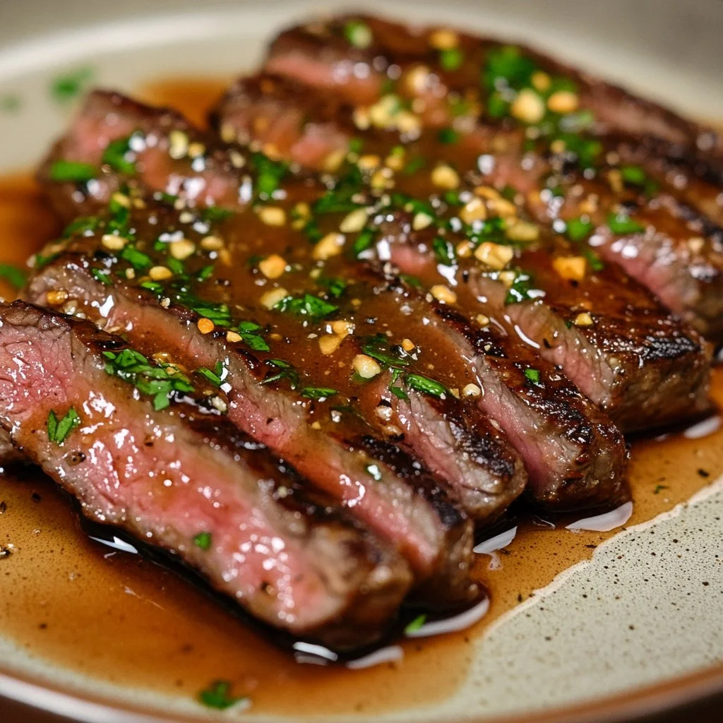 Filete con salsa de ajo cremosa servido en un plato gourmet
