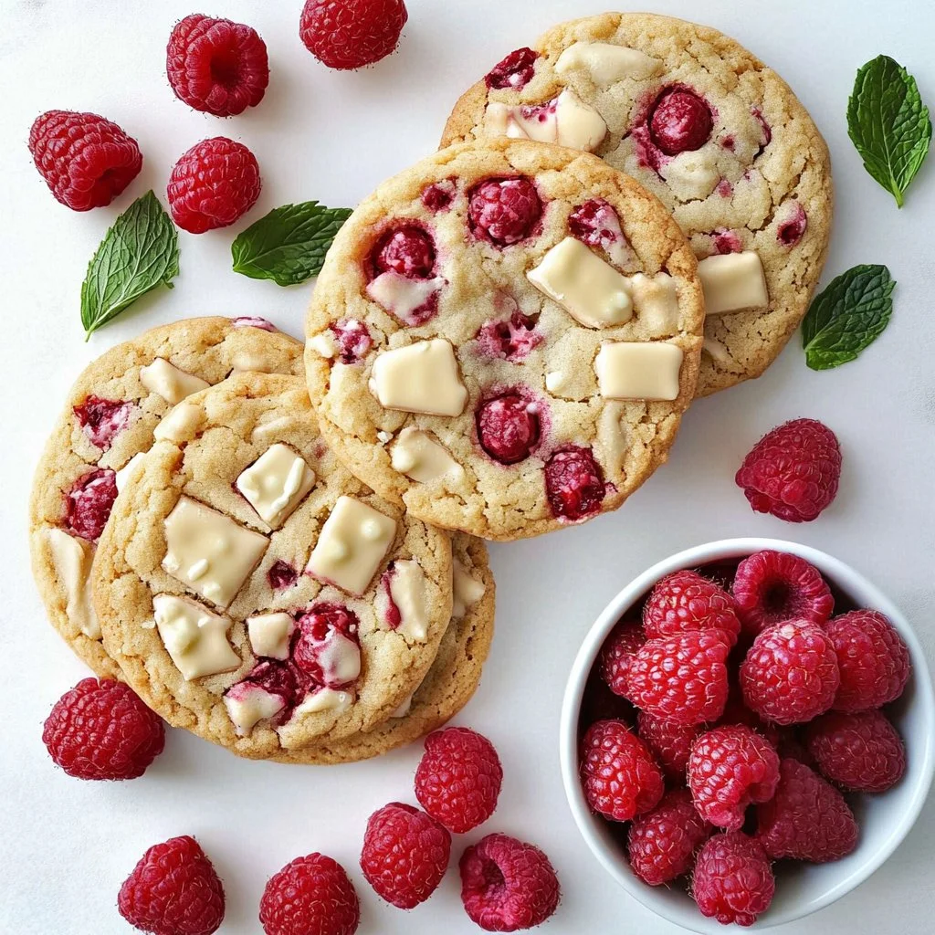 Galletas de frambuesa con chocolate blanco sobre una tabla de madera.