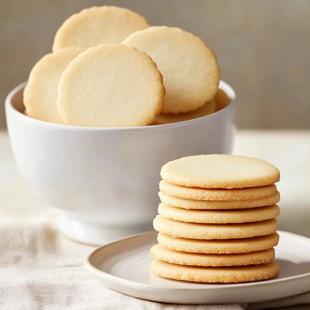 Galletas de mantequilla recién horneadas, doradas y crujientes sobre una mesa