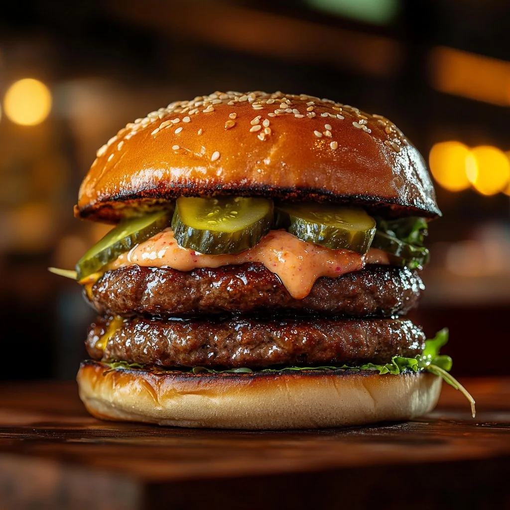 Hamburguesa smash jugosa y dorada, servida con ingredientes frescos y sabrosos.