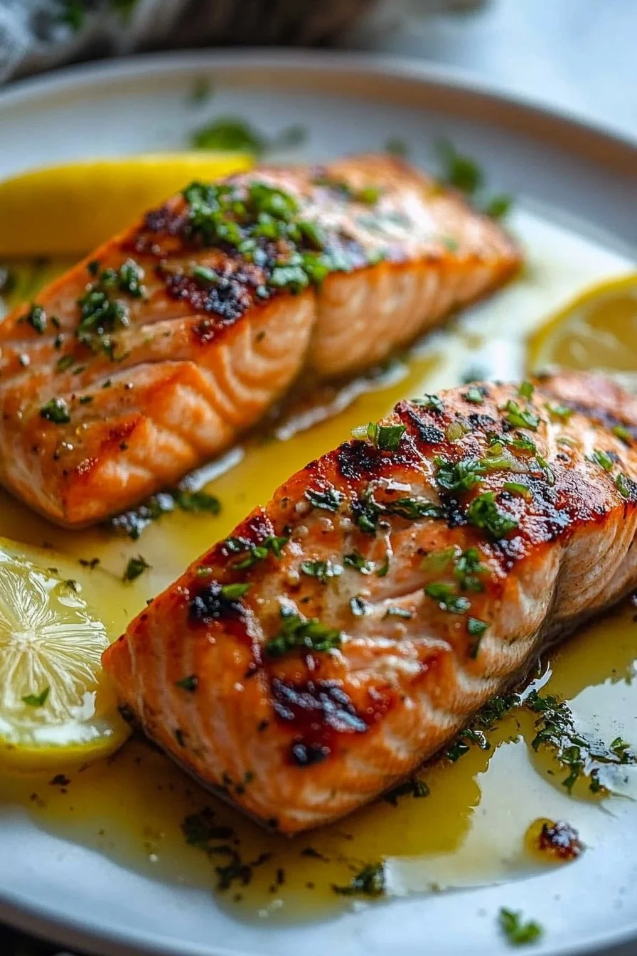 Salmón a la Plancha con Salsa de Mantequilla de Ajo y Limón