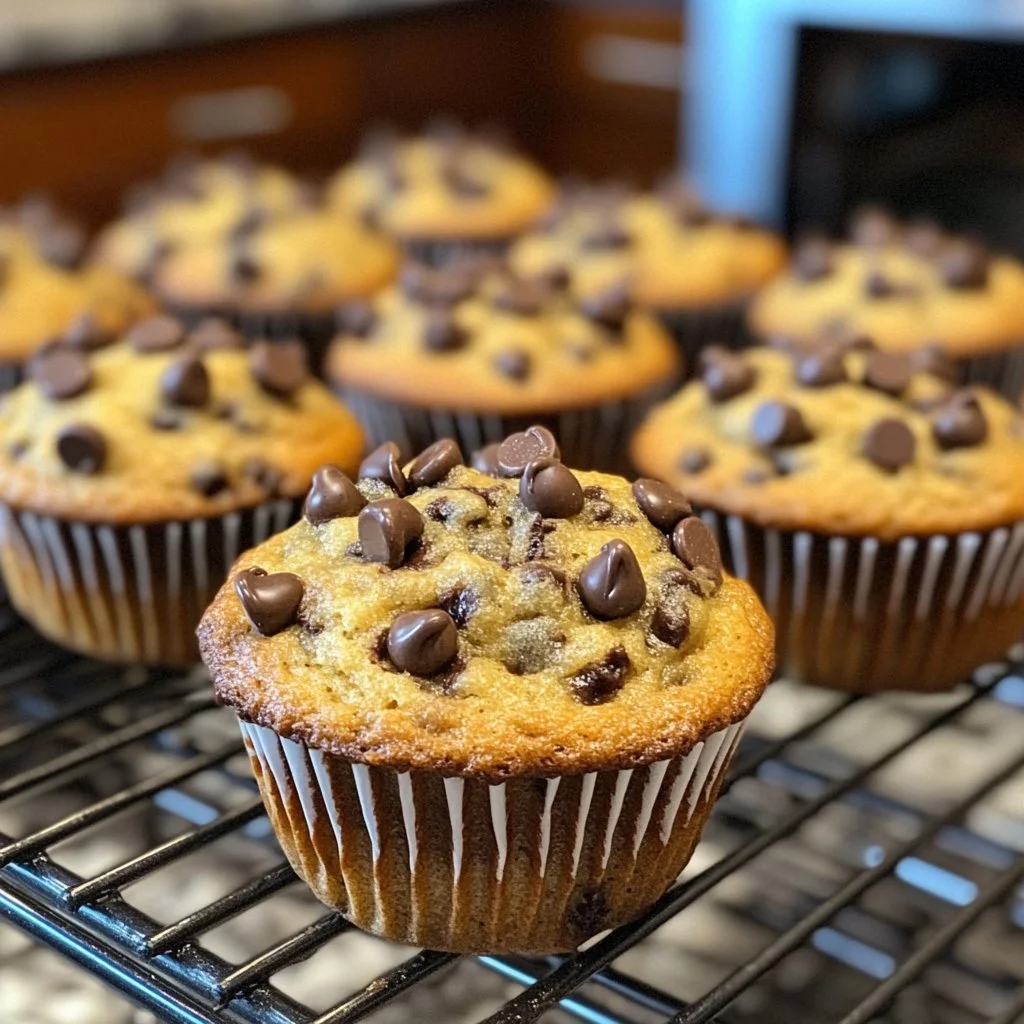 Muffins de plátano con chispas de chocolate recién horneados