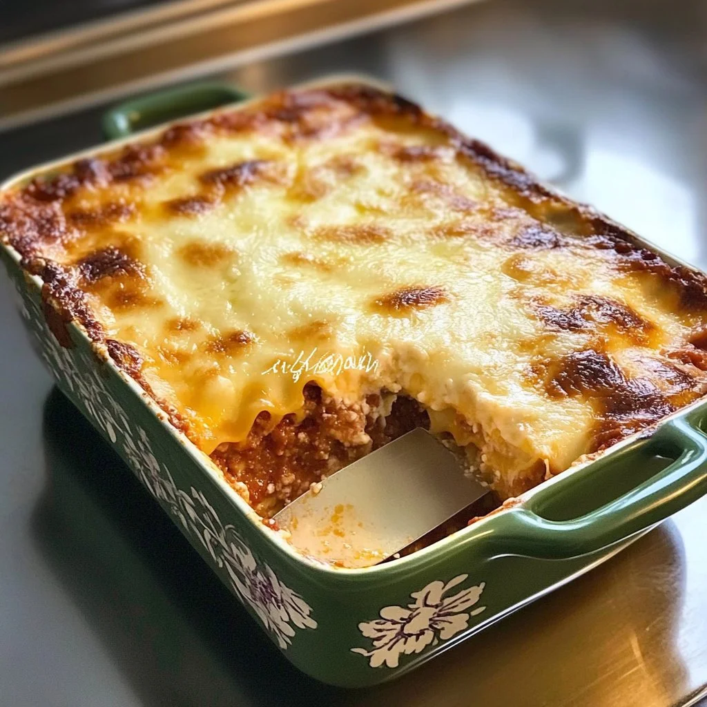 Plato de lasaña a la boloñesa con queso derretido y salsa de carne