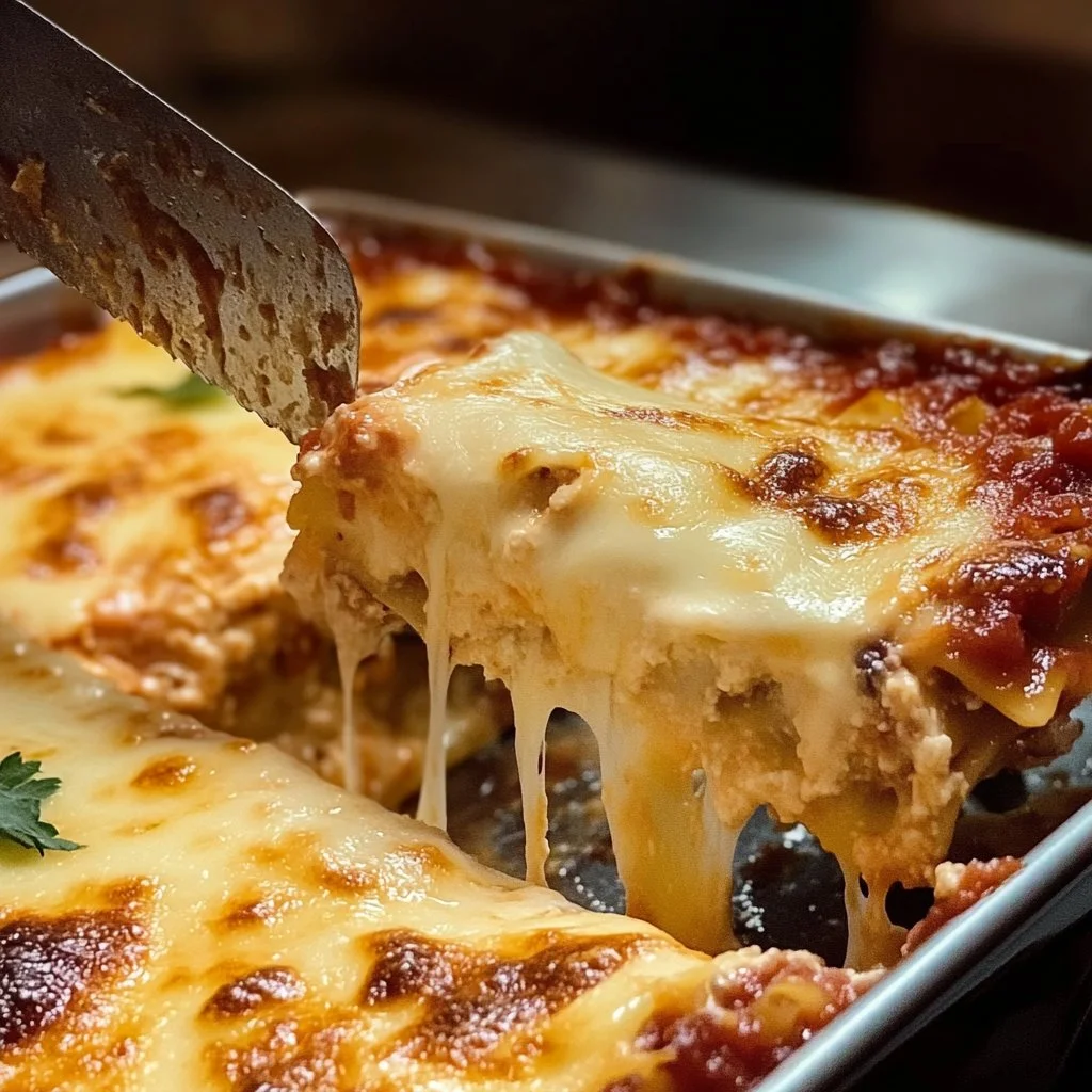 Plato de lasaña boloñesa gratinada con salsa y queso, delicioso y apetitoso.