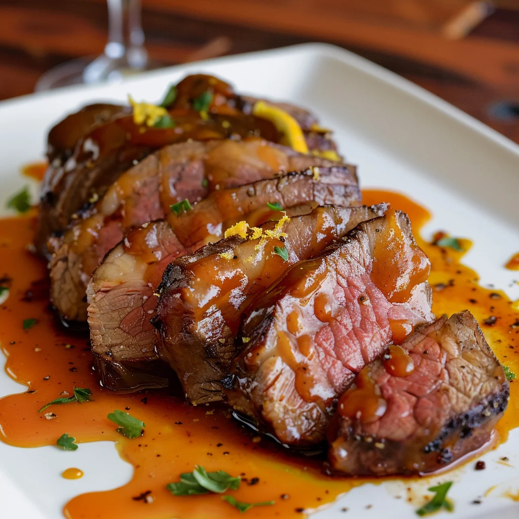 Lomo de Carne en Salsa BBQ Con un Toque de Naranja