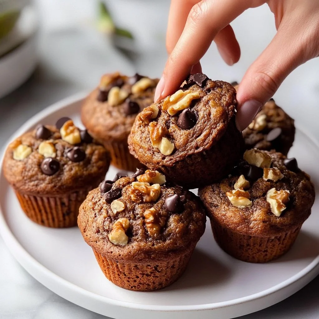 Muffins de plátano saludables, veganos y sin gluten en una bandeja.