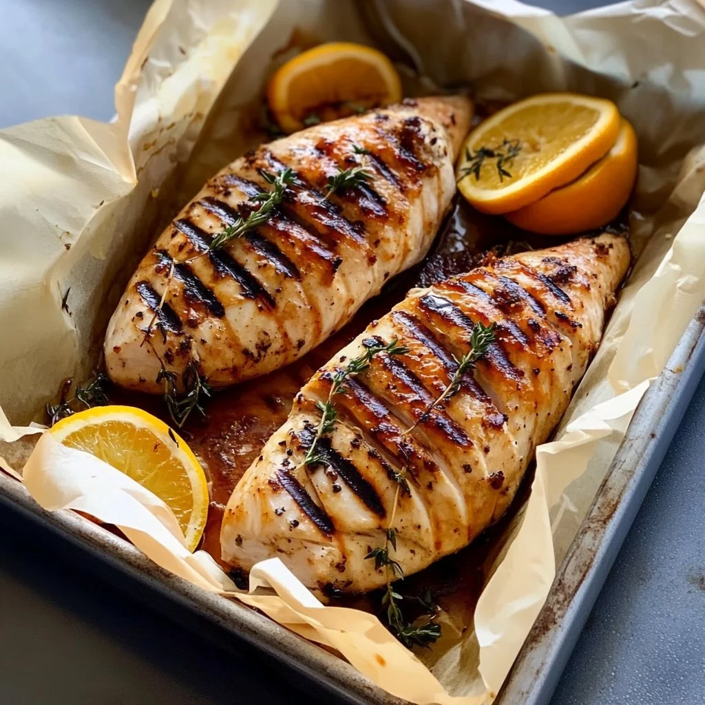 Pechuga de pollo jugosa cocinada con naranja y tomillo