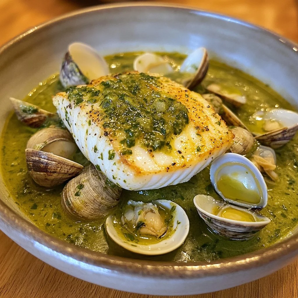 Merluza en salsa verde con almejas servida en un plato gourmet.