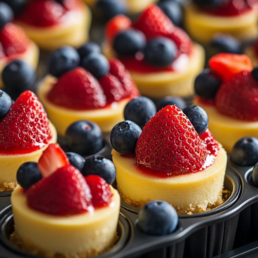 Deliciosas mini cheesecakes variadas en un plato decorativo