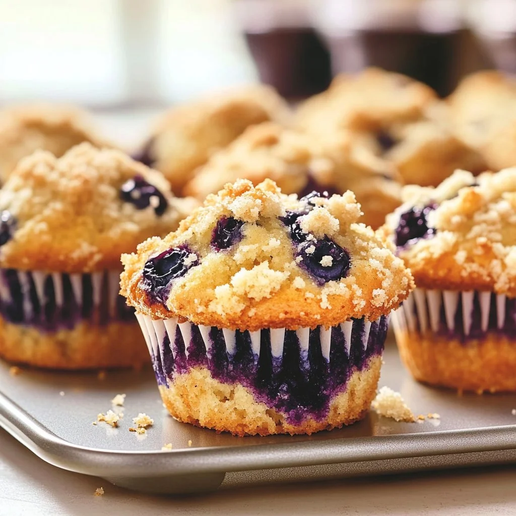 Muffins de arándano frescos y esponjosos en una bandeja de horno